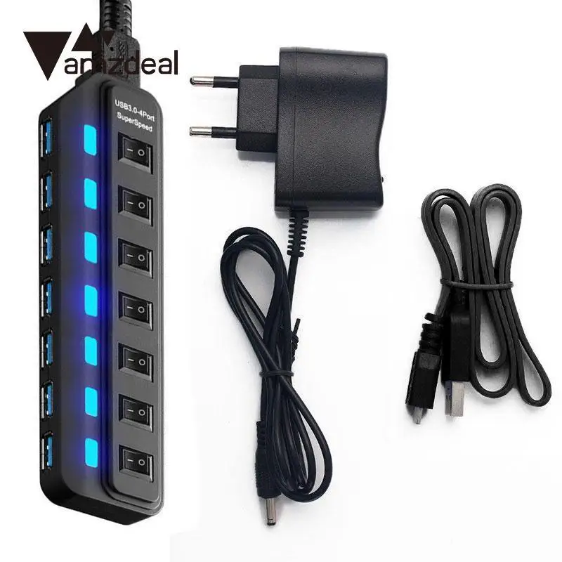 

amzdeal 7 Port HUB USB 3.0 Splitter Adapter 5Gbps Hub With On/Off Switch For PC Mac Laptop Desktop EU plug