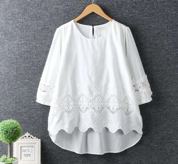 

Hollow hook flower o-neck three quarter sleeve shirt top mori girl