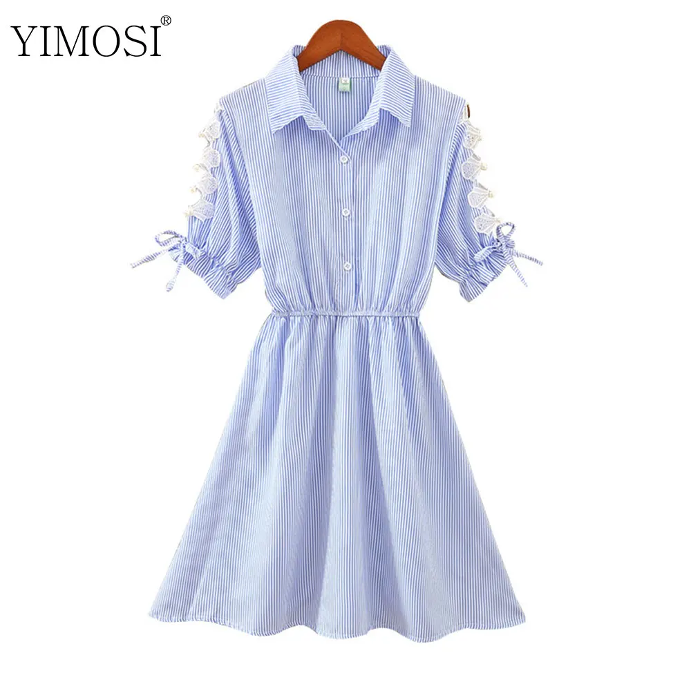 

YIMOSI New Summer Women's Dress 2019 Casual Hollow Out Pearl Striped Dress Female Short Sleeves A-Line Party Dress Vestidos