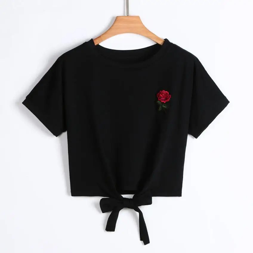 Women T-Shirts Crop Top Appliques Rose Short Sleeve Summer Top Cropped Feminino Black T Shirt Women  Clothing #ZX0