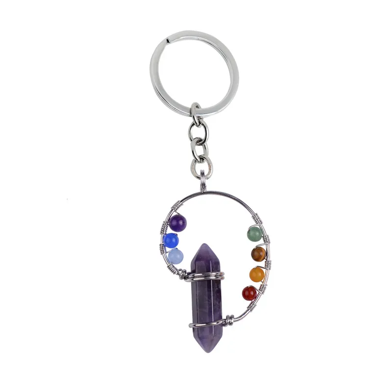 Bullet Shape Natural Stone Key Chain Chakra Rainbow bead Pink Quartz  Keychains Crystal Hexagonal Accessories