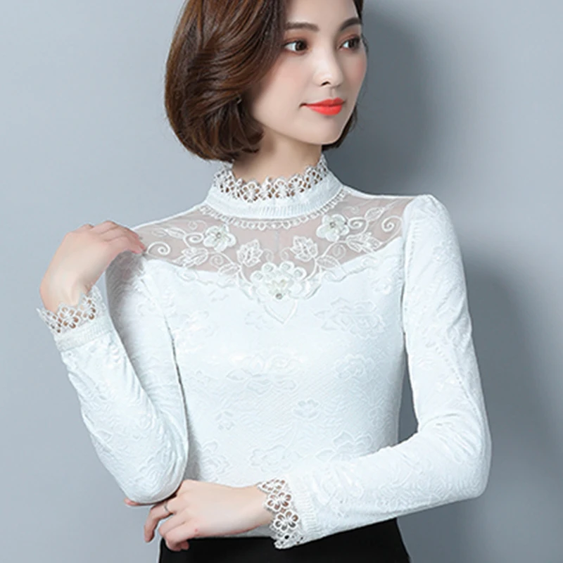 Elegant White Lace Tops Pearl Beaded Flower Embroidery Women Blouse ...