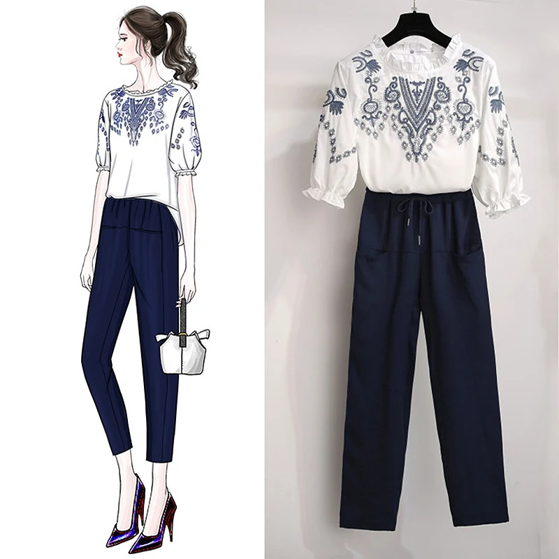

2019 Summer Two Piece Set Women Embroidery white Blouses Tops + Pants 2 Piece Pants Set 2 Piece Outfits for women tracksuits