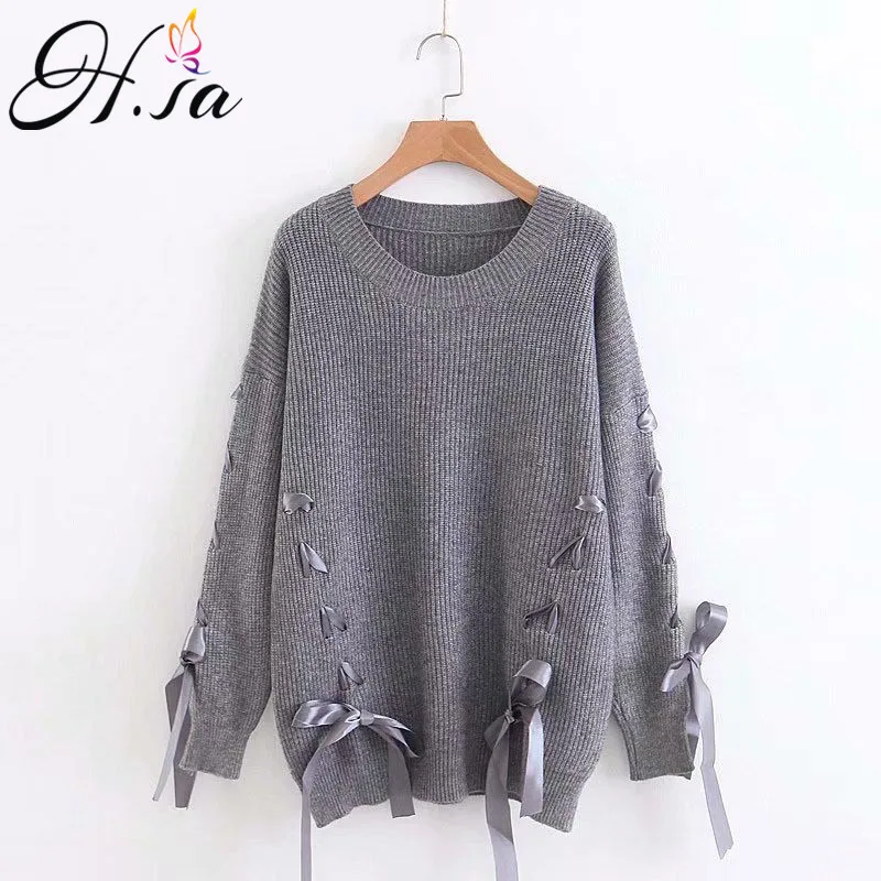 

H.SA Women Winter Sweater 2018 Tied Lace Up Chic Jumpers Harajuku Knit Pullover and Sweater Bandage Warm Pull Femme