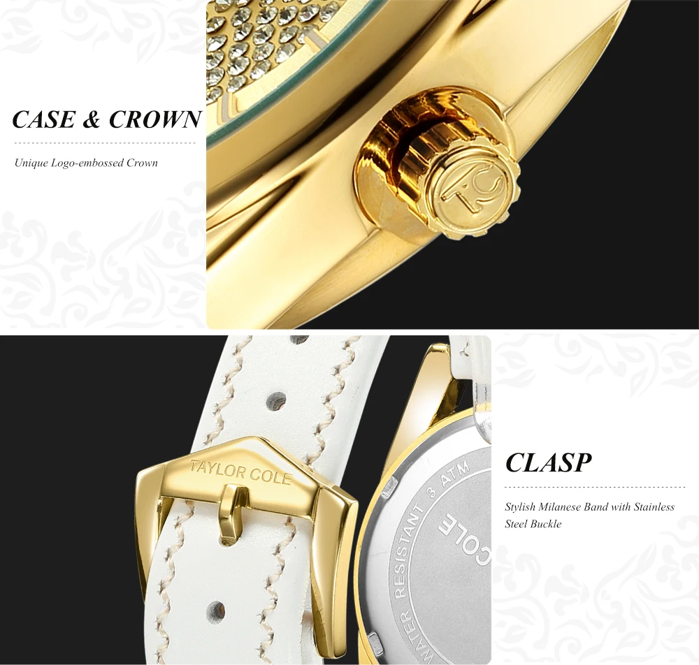 Элитный бренд Taylor Cole Повседневные часы Золотой Дело Элегантный белый Пояса из натуральной кожи ремень hodinky Для женщин Повседневное платье