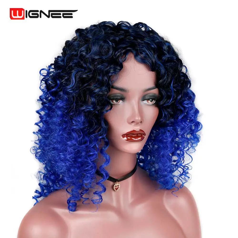 Wignee нет кружева синтетический парик для женщин высокая плотность афро кудрявые вьющиеся волосы Омбре фиолетовый/синий/серый натуральный черный короткие волосы парики - Цвет: Ombre Blue