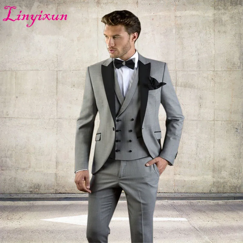 Grey Men Suit Slim Fit Jacket With Black Tuxedo Custom Made Blazer Wedding ...
