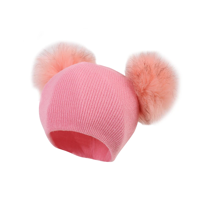 Детская шляпка, связанная крючком Детская шапка с двойным помпоном для девочек, шапка из искусственного меха для маленьких девочек, зимняя детская шапка s - Цвет: Розовый