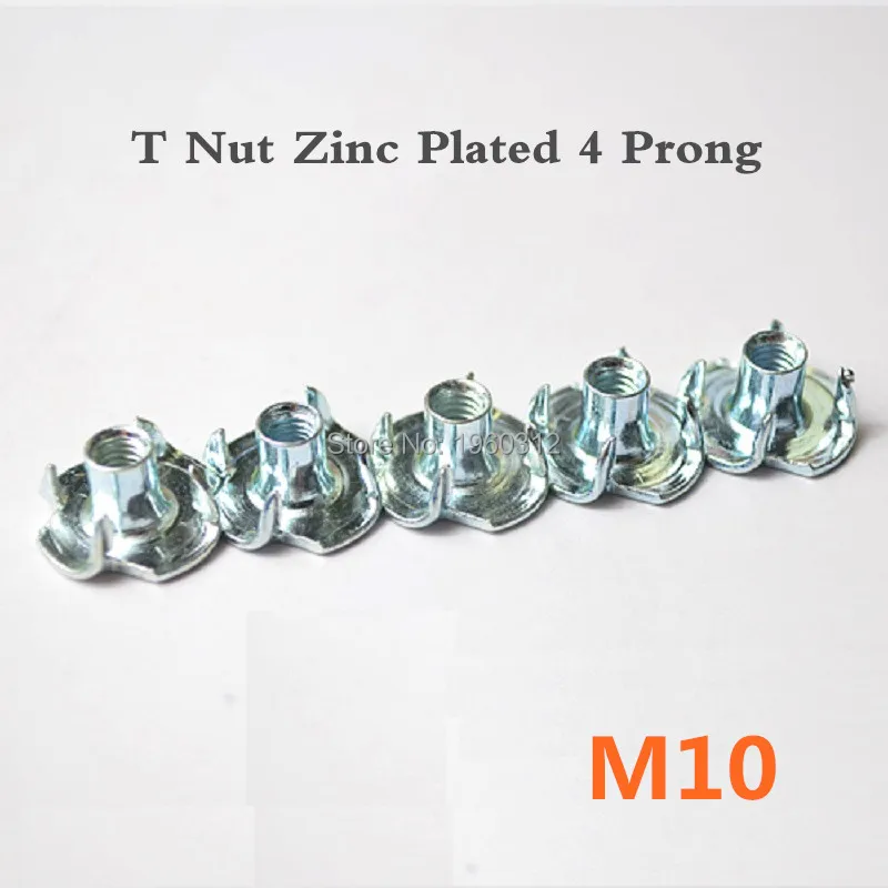 50Pcs/lot T Nut M10 Zinc Plated Carbon Steel 4 Prong Tee Nut In Woodin