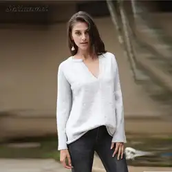 Сексуальные свитера с v-образным вырезом для женщин белый серый трикотаж Дамский пуловер осень 2019 Джемперы вязаная одежда с расклешенными