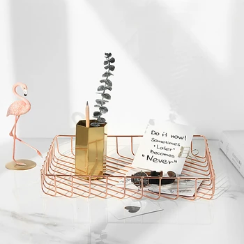 

Nordic Iron A4 Fruit Basket Luxury Rose Gold Elegant Desk Metal Hollow Sundries Organizer Creative Decorative Storage Baskets