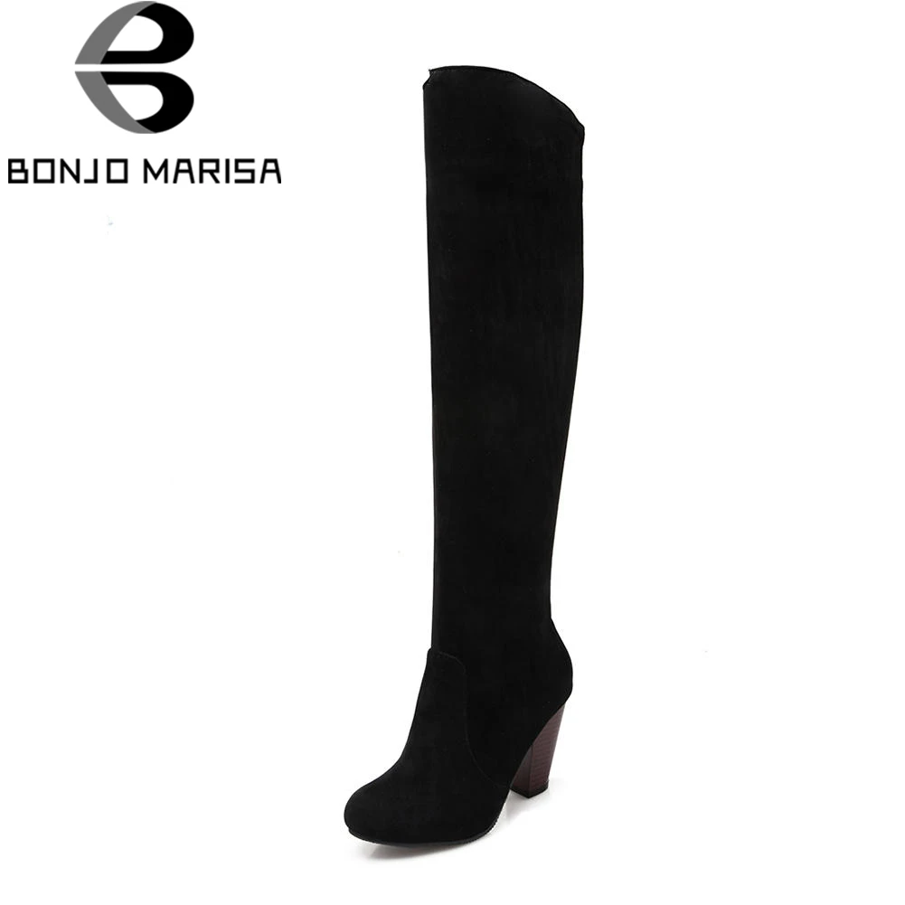 Beste BONJOMARISA Klassieke Zwarte Knie Hoge Laarzen Vrouwen Herfst Winter slip on Hoge Hakken Schoenen Vrouw Grote Maat 32 43
