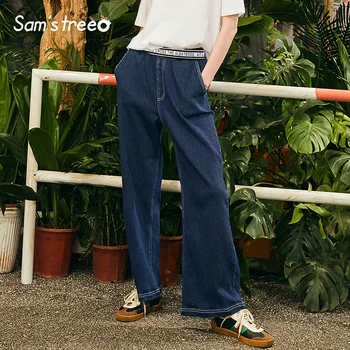 

Women Vintage Blue Pants Wide Leg Denim Full Pants Elastic Waist High Jeans