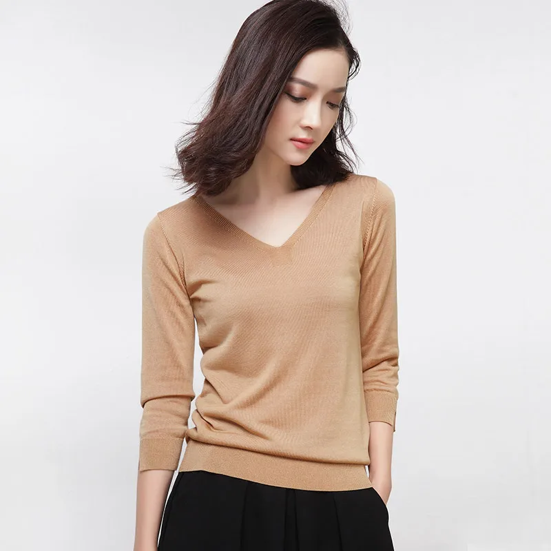 

100% Natural Plant Fiber Lyocell Three Quarter Sleeve V-neck Sweaters and Pullovers for Women Autumn Jumper Female Brand Jumper