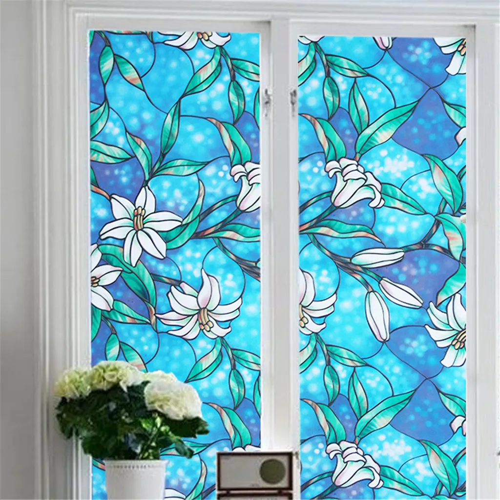 

PVC Lily Wall Sticker Static Window Film No Glue Removable Stained Glass Decal Bathroom Sticker Self-adhesive Home Decor @YL
