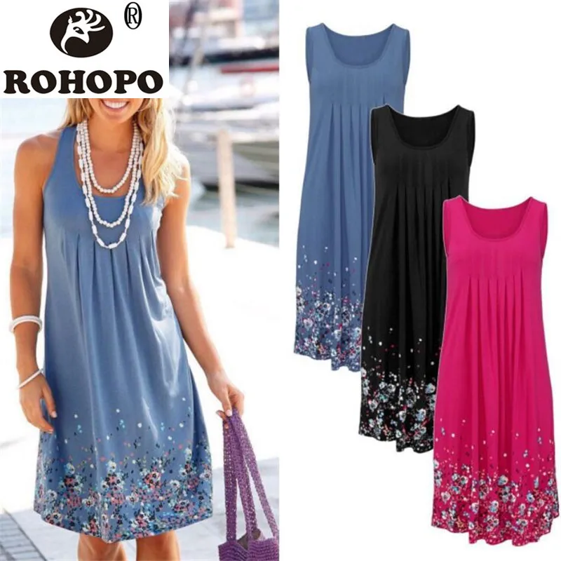 

Wholesale Price Women Sleeveless Dress Summer Floral Breathable Mid Calf Length Dress Fit And Flare Draped Casual Women Dress