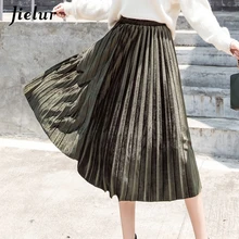 Jielur Осенняя новая однотонная плиссированная юбка винтажная Высокая талия Золотая Бархатная Женская юбка 6 цветов Элегантная Дамская юбки s-xl