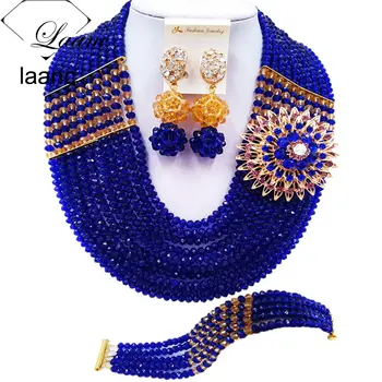 

Laanc Latest Royal Blue and Champagne Gold Crystal African Beads Nigerian Wedding Bridal Jewelry Sets for Women C22P031