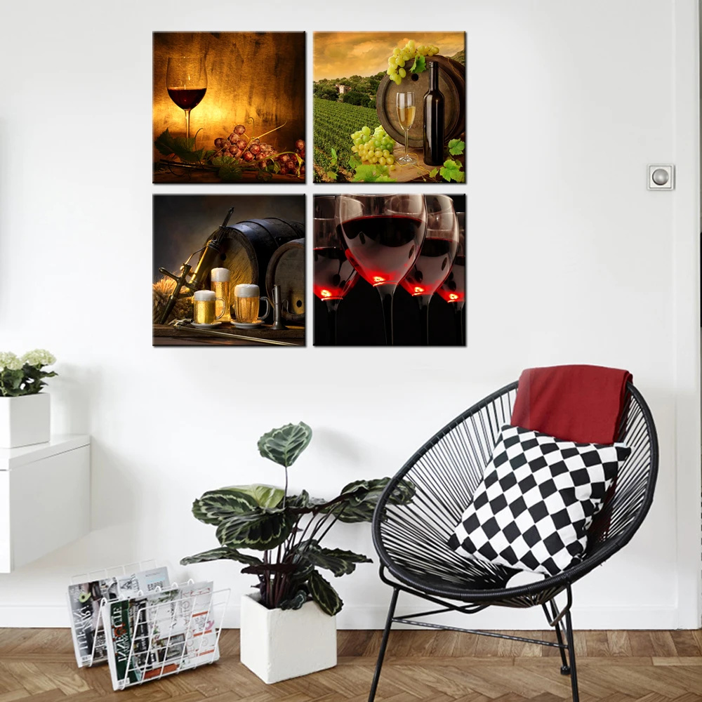 4-Stuk-Canvas-Wall-Art-Wijn-Themed-Prints-Rode-Wijn-Met-Cups-En-Druiven-Vat-HD (2)