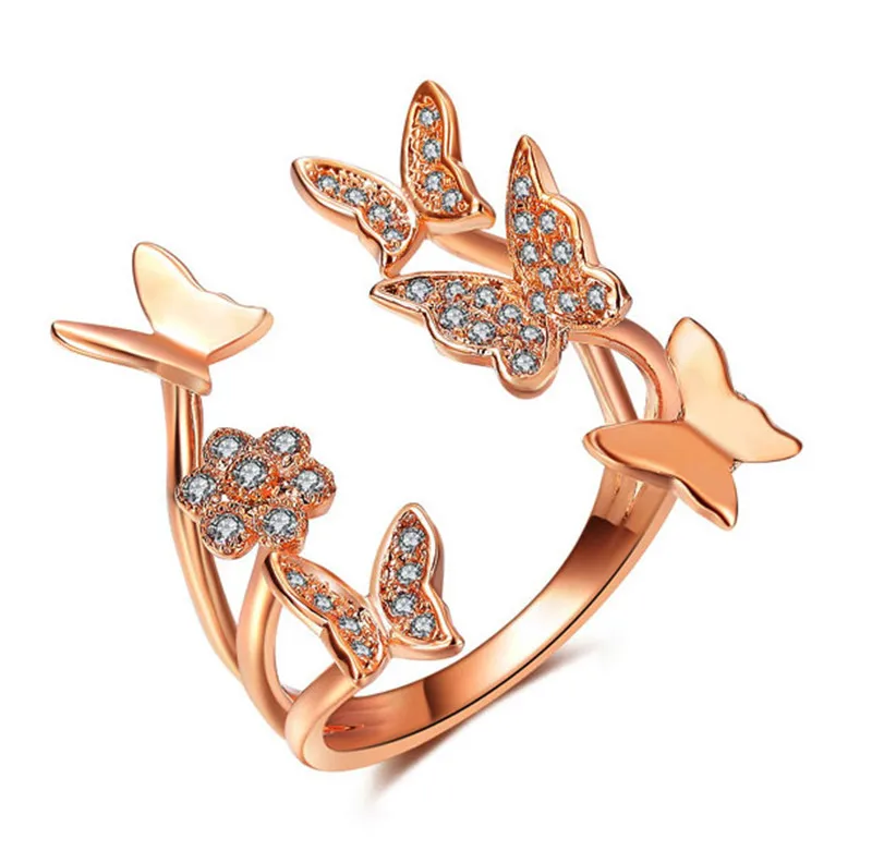 Butterfly Ring With Flower Opening Lady Fashion Copper Silver Ring With Rose Gold Zircon Jewelry