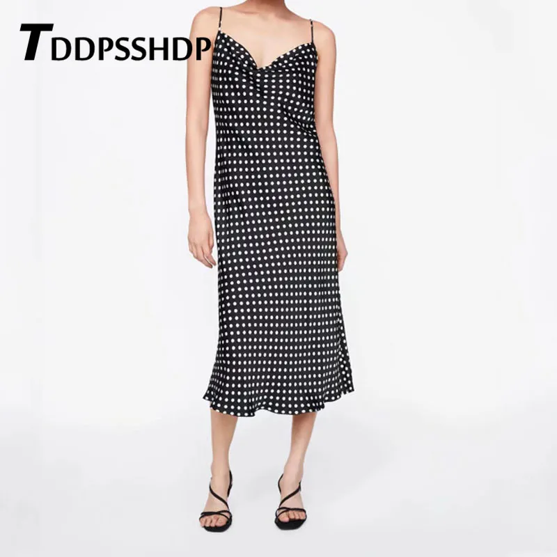

White Polka Dot Black Color Women Dress Spaghetti Strap Straight 2019 New Design Sweet Young Lady Female Dresses