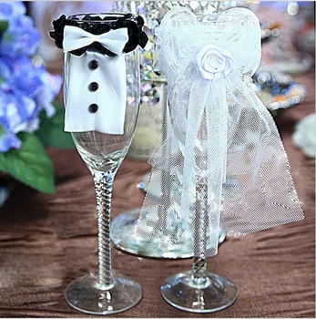 

20pcs/Set Wedding Decoration Supplies 2015 Fashion Creative Wedding Cup Cover Silk Bride Wedding Dress and Bridegroom Suit Style