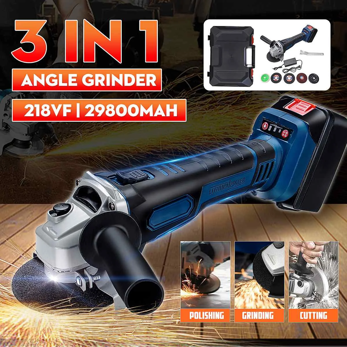

Rechargeable Cordless Brushless Electric 218VF 29800mAh Angle Grinder with 5pcs Polishing Ginding Cutting Disc for Woodworking