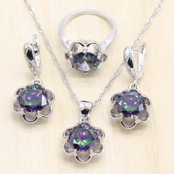 

Silver Color Women 3PCS Jewelry Sets Multicolor Zircon Earrings/Pendant/Necklace/Ring Free Gift B