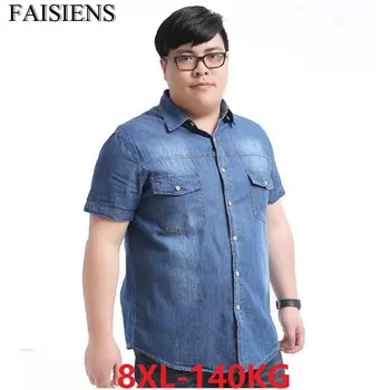 

Summer 6XL 7XL 8XL Men's Denim Shirts Big Short Sleeve Shirt For Men Pocket Casual Cotton Shirts Plus Size Blue Thin Shirt 140KG