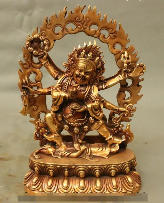 

S5523 8" Folk Chinese Bronze Gilt Technics Buddhism 6 Arms Mahakala Dharmapala Statue
