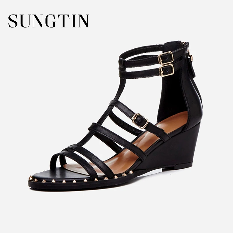

Sungtin Sexy Rivet Wedges Gladiator Sandals Women Summer Buckle Strap Open Toe Evening Party High Heels Cow Leather Sandals