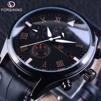 

Forsining Watches for Men Black Genuine Leather Mechanical Watches Calendar Display Military Clock Men Wrist Watch