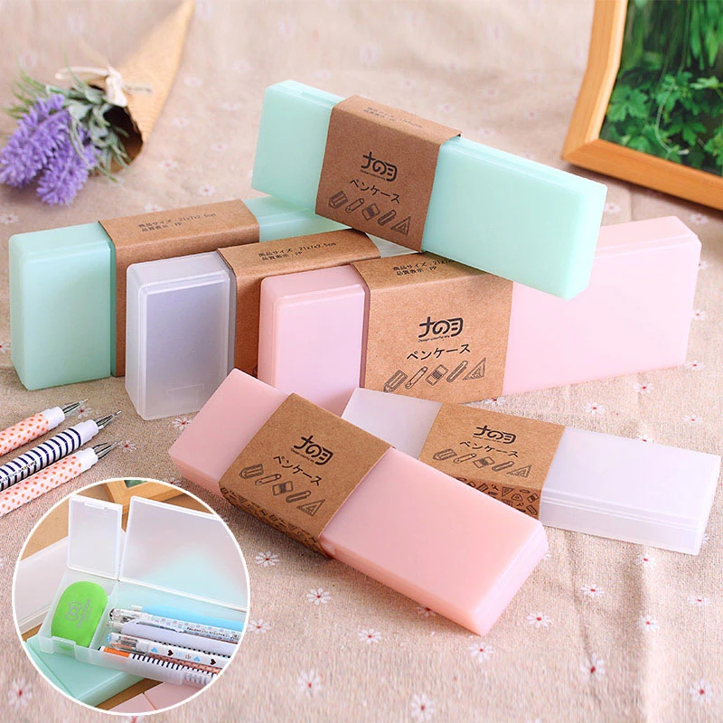 

Creative Japanese Cute Kawaii Transparent Pp Plastic Pencil Case Pure Color Multifunction Pen Box Office School Supplies