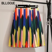Новое поступление, летние женские цветные юбки с волнистым контрастным узором, плиссированные юбки до середины икры, европейский стиль, юбки в стиле ампир