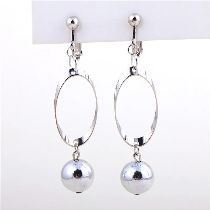

Novel design geometric edge hollow round long pendant no ear hole ear clip without piercing ear earrings gold and silver color