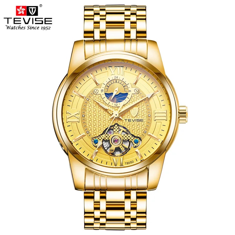 

TEVISE Luxury Gold Men Automatic Self-Wind Mechanical Wristwatches Stainless Steel Moon Phase Tourbillon Watch Montre Homme