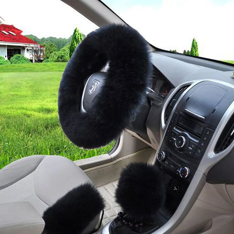 PURE WOOL CAR STEERING WHEEL COVER BLACK