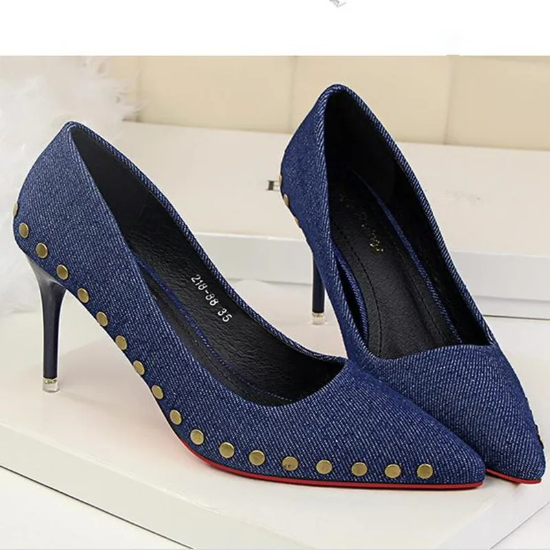 

2017 Europe style Female high-heeled Shoes shallow mouth rivets Denim high heels fashion sexy spring Heels Tacones Mujer