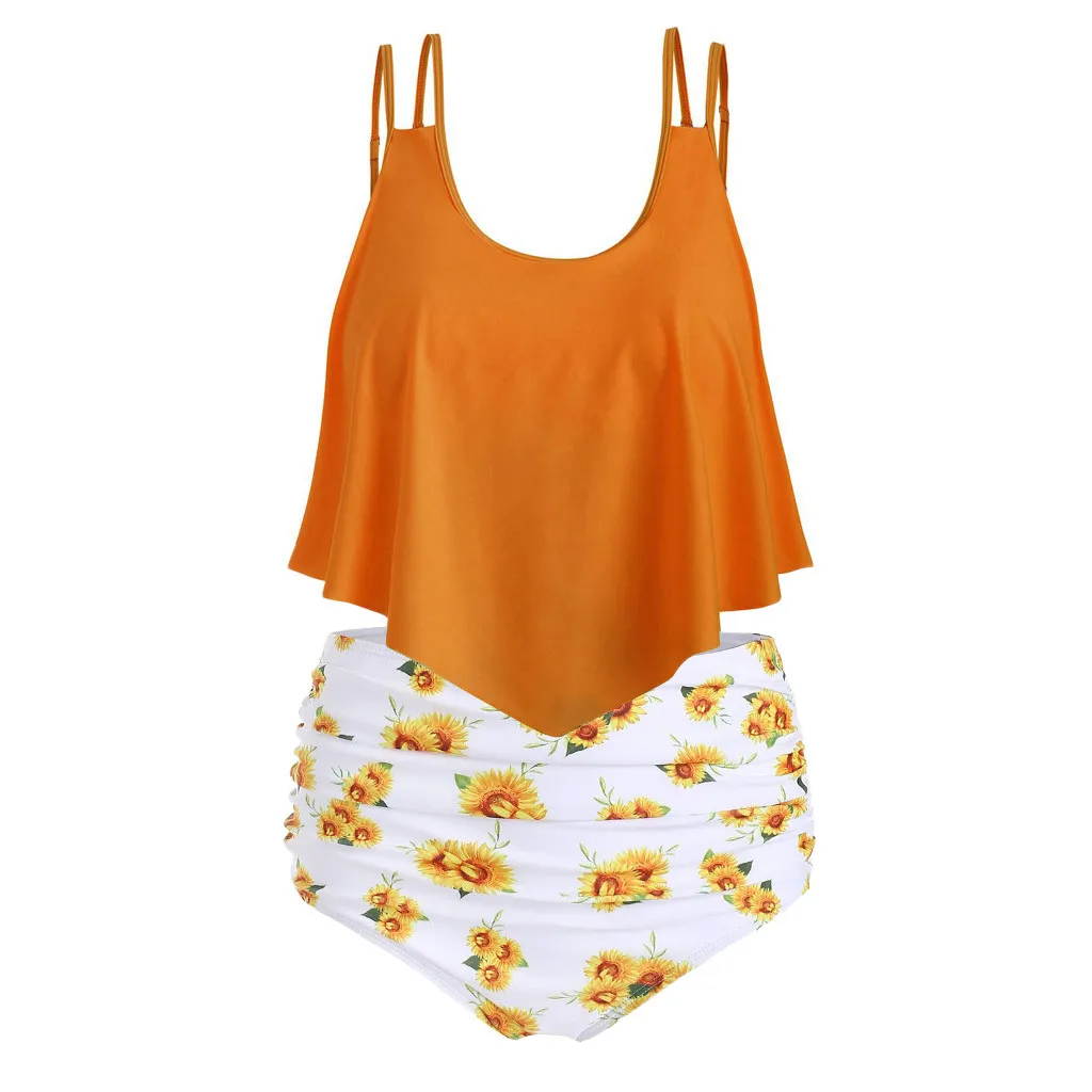 

MUQGEW Retro Bathing Suit Sexy Floral Print Women Two Pieces Bathing Suits Top Ruffled With High Waisted Bottom Bikini Set #0523