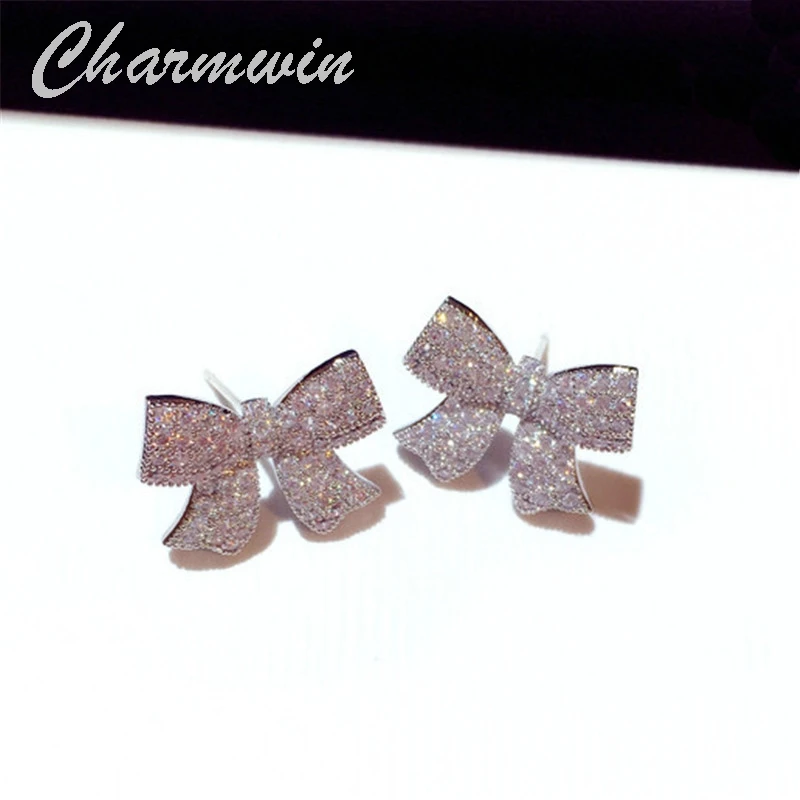 Charmwin новые серьги-гвоздики из серебра S925 пробы для женщин, модные серьги с бантами из циркония, женские модные ювелирные изделия PE1607