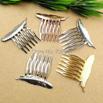 

35x45mm Multi-color Plated Brass Metal Blank Feather shape 6 teeth Hairwear Hair Combs DIY Settings Hair Jewelry Findings