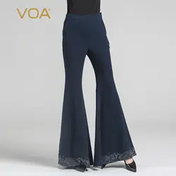 VOA шелк Темно-синие Для женщин расклешенные брюки Повседневное свободные 2017, новая мода сплошной вышивкой Разделение вилка специальные