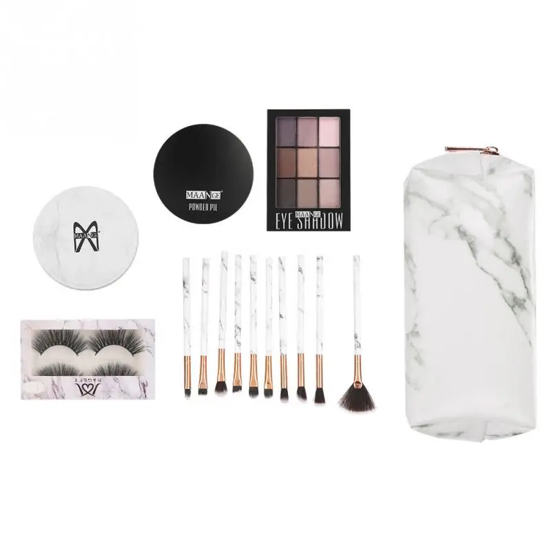 

MAANGE 6Pcs Makeup Kit Eye shadow False Eyelashes Powder Pie Sponge Marble Cosmetic Brushes Make Up Bag Set