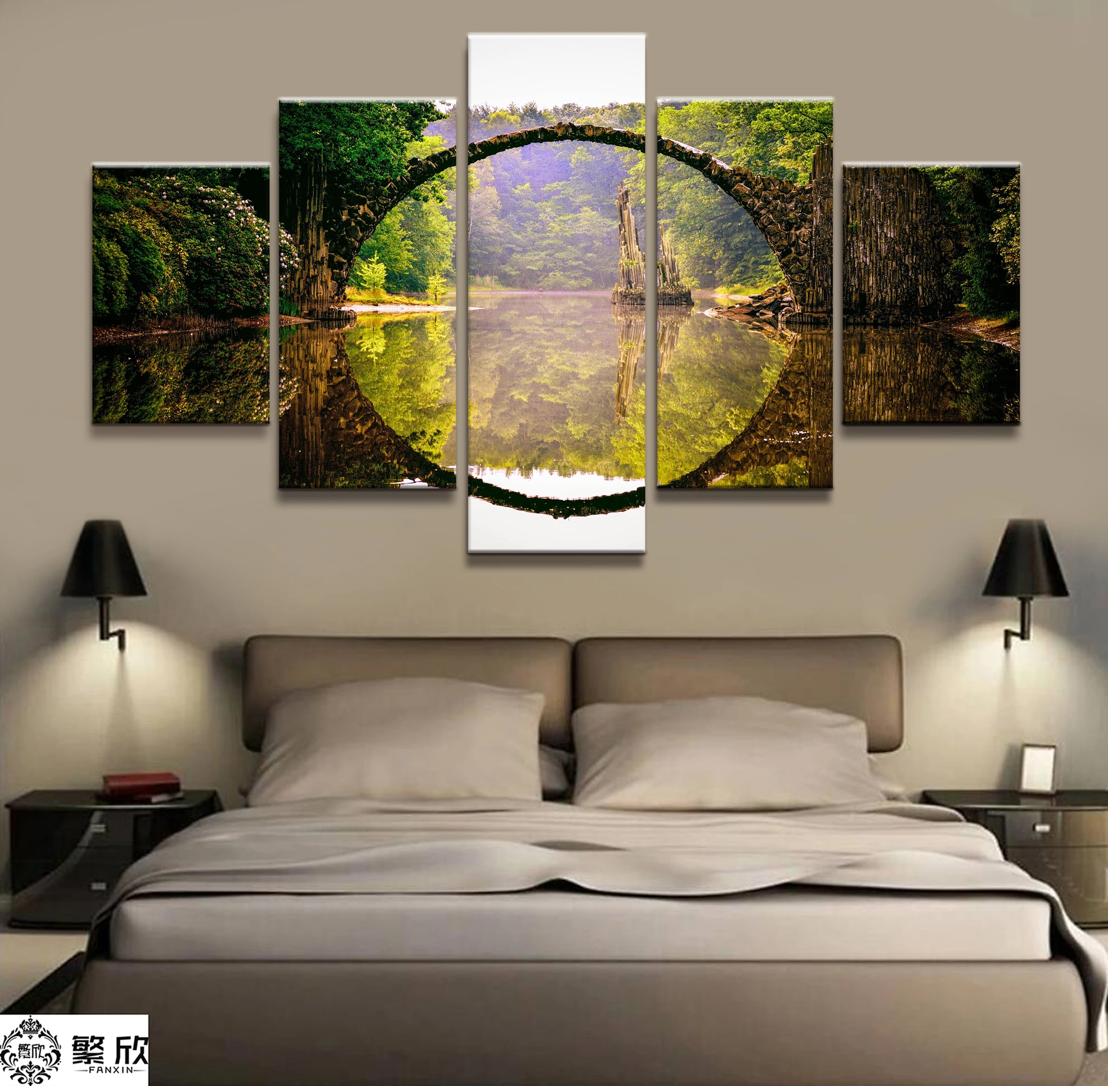 

Home Decor Modular Canvas Picture 5 Piece Small Bridge on Lake Scenery Painting Poster Wall For Home Canvas Painting Wholesale