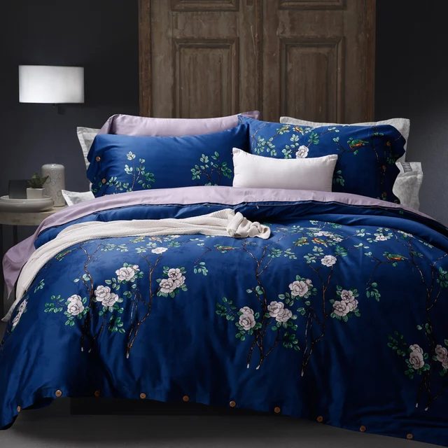 100 cotton navy blue flowers bedding set duvet cover bed sheet pillowcases bed linen bedclothes - Navy Bedding 100 cotton navy blue flowers bedding set duvet cover bed sheet pillowcases bed linen bedclothes - Navy Bedding