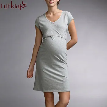 

Fdfklak Maternity Nightwear Clothes For Pregnant Night Dress 2018 Summer V-Neck Breast Feeding Clothes Pregnant Nightgown F198