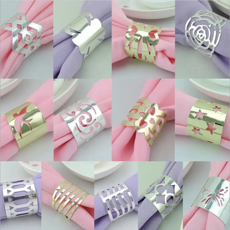 Metal Hollow Flower Gold and Silver Plated Napkin Rings Table Cloth Ring For Hotel Wedding