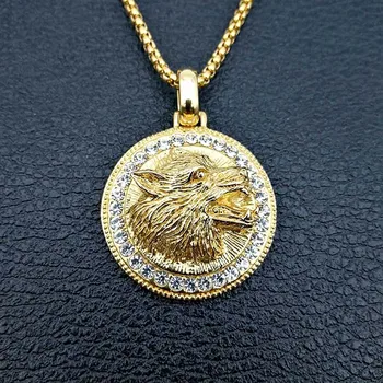 

Hip Hop Rapper Style Bling Iced Out Animal Wolf Head Round Pendants Necklaces Gold Filled 316L Stainless Steel Men Jewelry