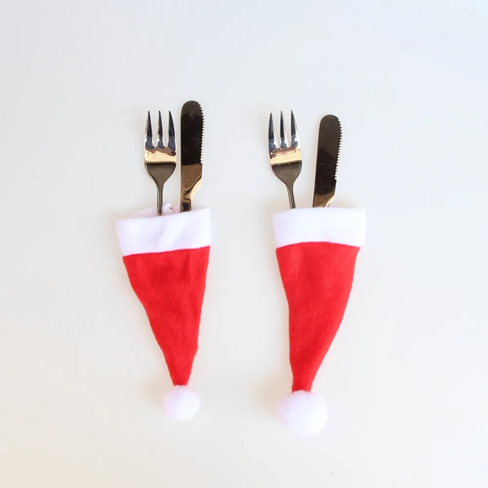 10PCS Christmas Caps Cutlery Holder Fork Spoon Pocket Christmas Decor Bag creative gifts#1102