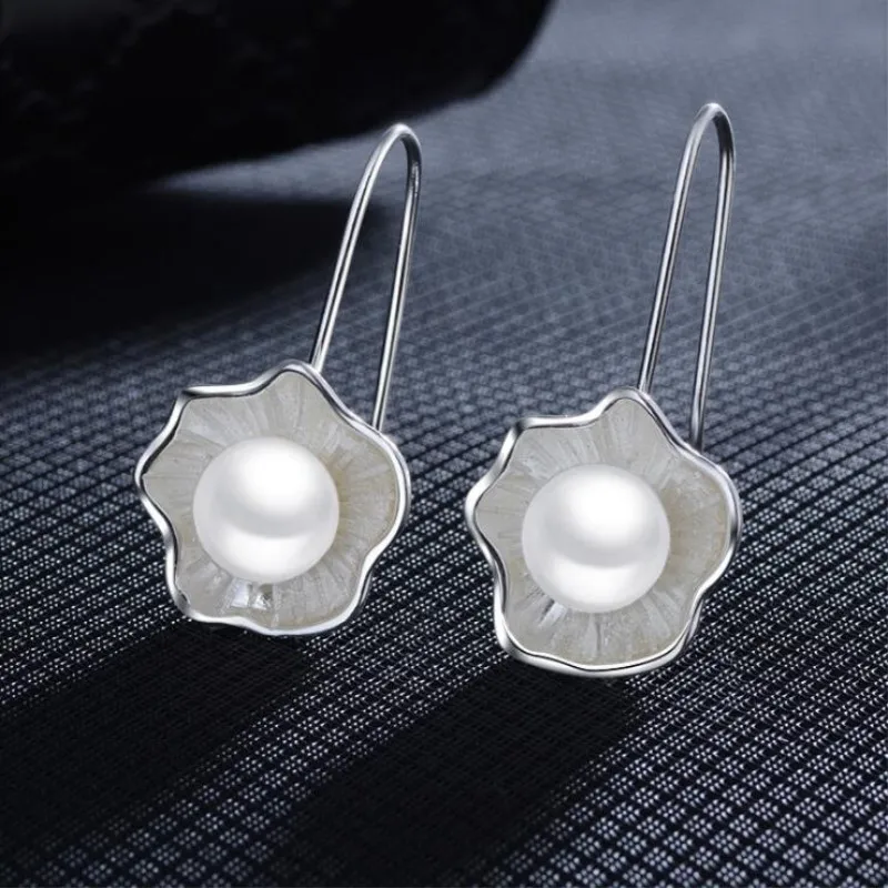 925 Sterling Silver Female Dangle Earrings Lotus Pearl Fresh Flower E054 dangle earrings pearl earrings flower earrings lotus earrings